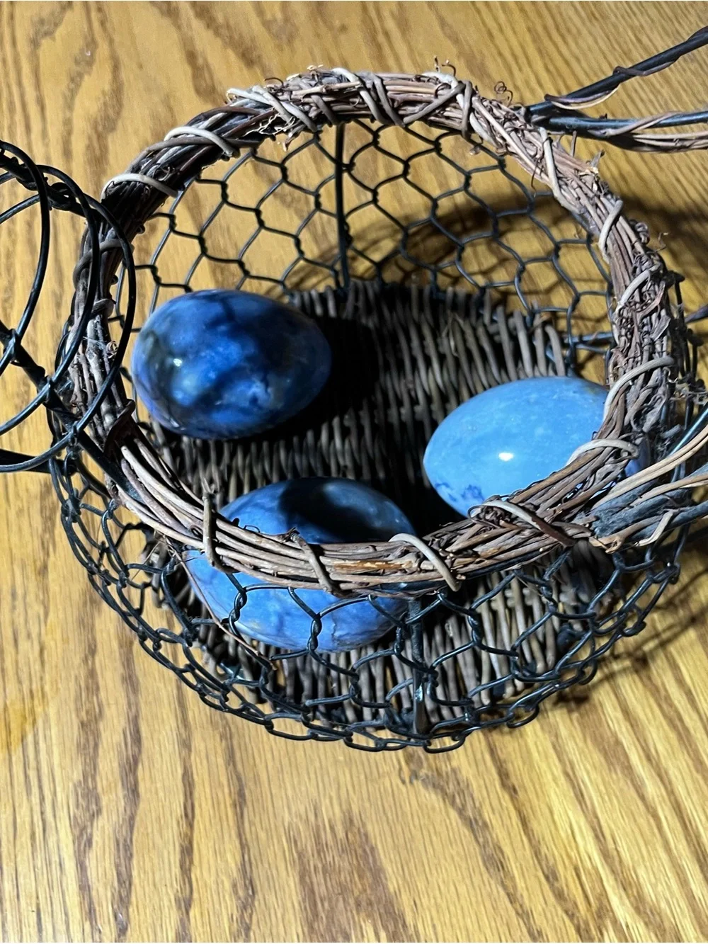 Rustic Wire Basket with Blue Decorative Stone Eggs